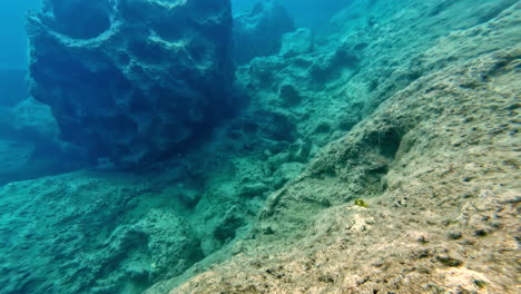 Underwater-scene-with-clear-blue-water,-showcasing-rough,-intricate-rocky-formations