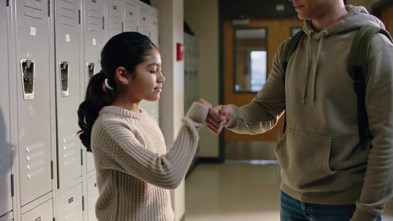 Opening locker, teen checking inside in school hall, sweater, hooded peer coming over with backpack