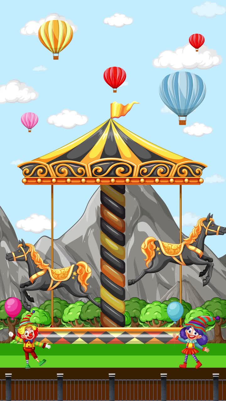 A colorful carousel spins in a mountain landscape with clowns and floating hot air balloons