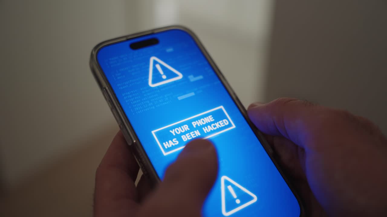 Hands holding phone with alert message on screen warning device is hacked. Digital glitch as person receives notification virus or malware by hacker is seizing control on mobile smartphone. Dark web