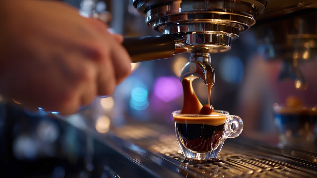 Ricco espresso gocciola in una tazza di vetro trasparente. Una macchina da caffè a vapore brilla sotto una luce soffusa. Lo sfondo sfocato con effetto bokeh presenta tonalità calde e invitanti. Nessuna persona visibile. Ideale per caffè e marchi di caffè.
