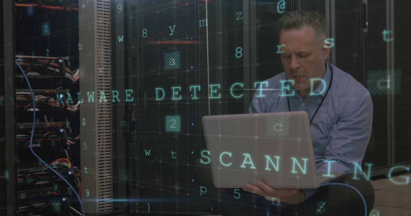 Animation of data processing over caucasian male worker in server room