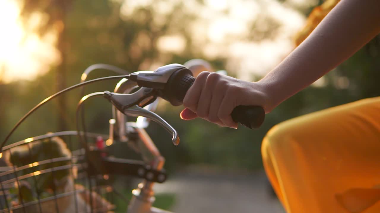 Close Up view of and unrecognizable woman's hands holding a handlebar while riding a city bicycle with a basket and flowers. Lens