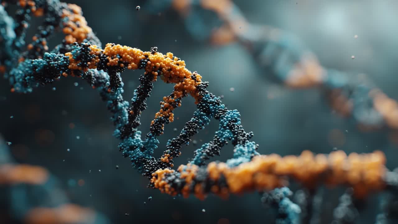 Rappresentazione dinamica della struttura del DNA che evidenzia la complessa interazione del materiale genetico, caratterizzata da una straordinaria combinazione di particelle arancioni e blu