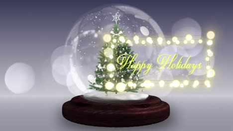 Animation-of-r-happy-holidays-text-with-fairy-lights-and-glowing-spots-over-snow-globe