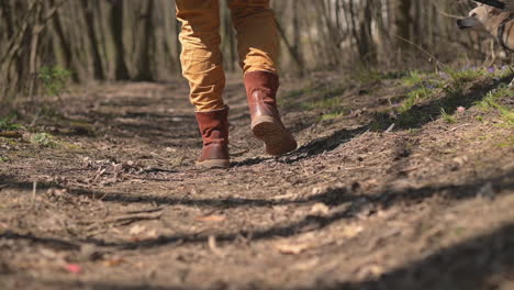 the boots of an unrecognizable person walking through the forest with a dog