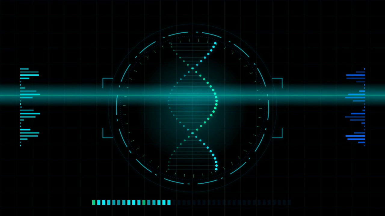 Digital DNA Helix Scanning on Futuristic HUD Interface