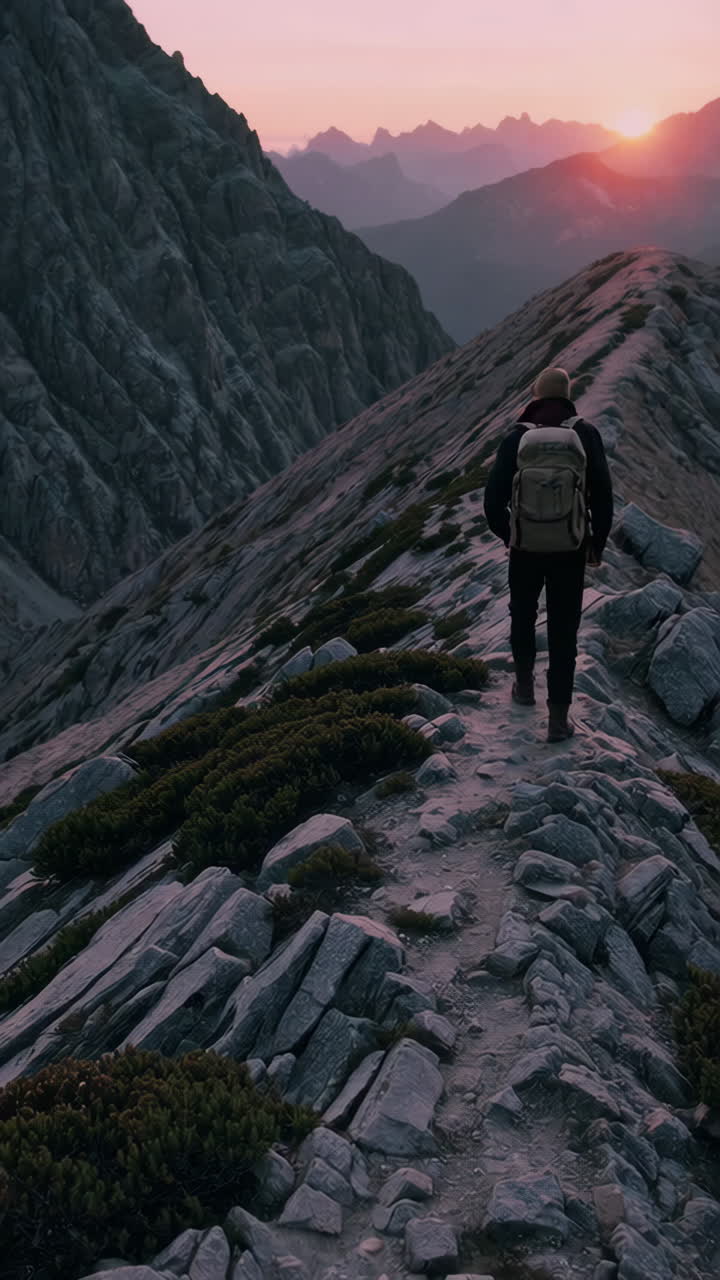 Hiker on Mountain Trail at Sunrise/Sunset