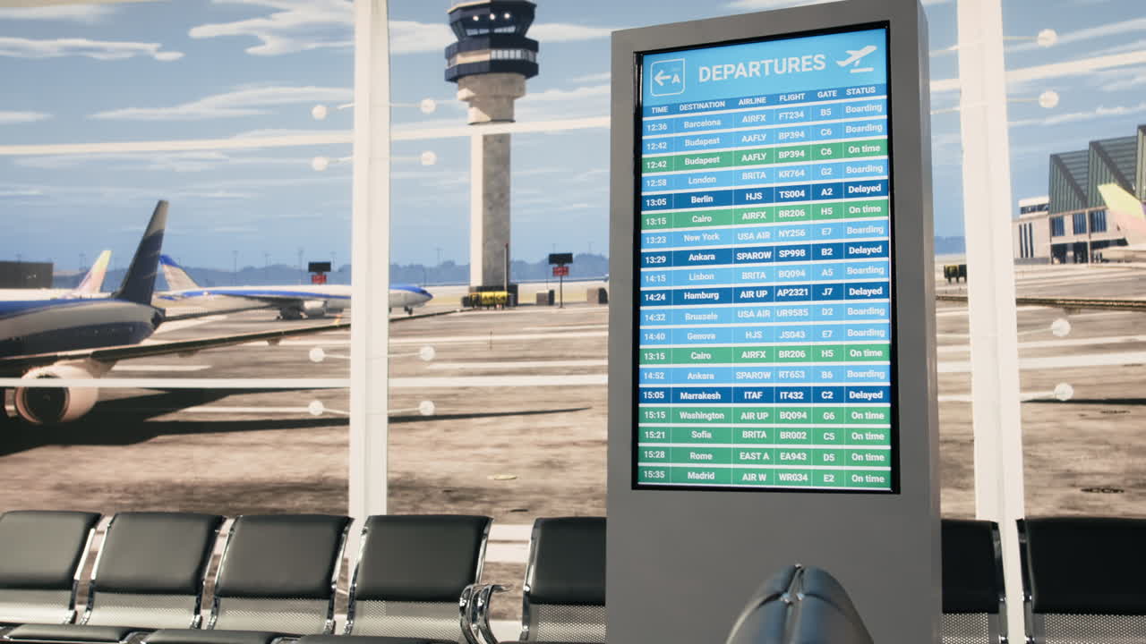 Terminal vuoto dell'aeroporto internazionale, voli in partenza/arrivo sullo schermo, che mostra la pista.