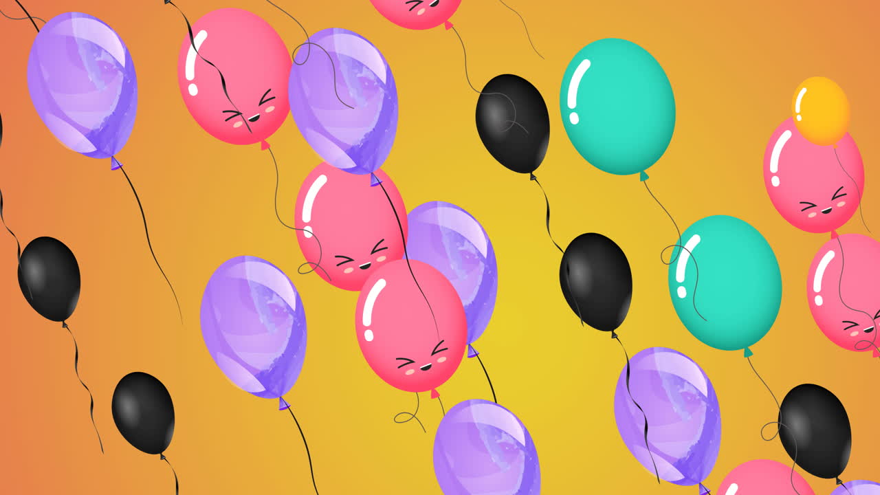 animación de globos coloridos con caras volando sobre un fondo naranja