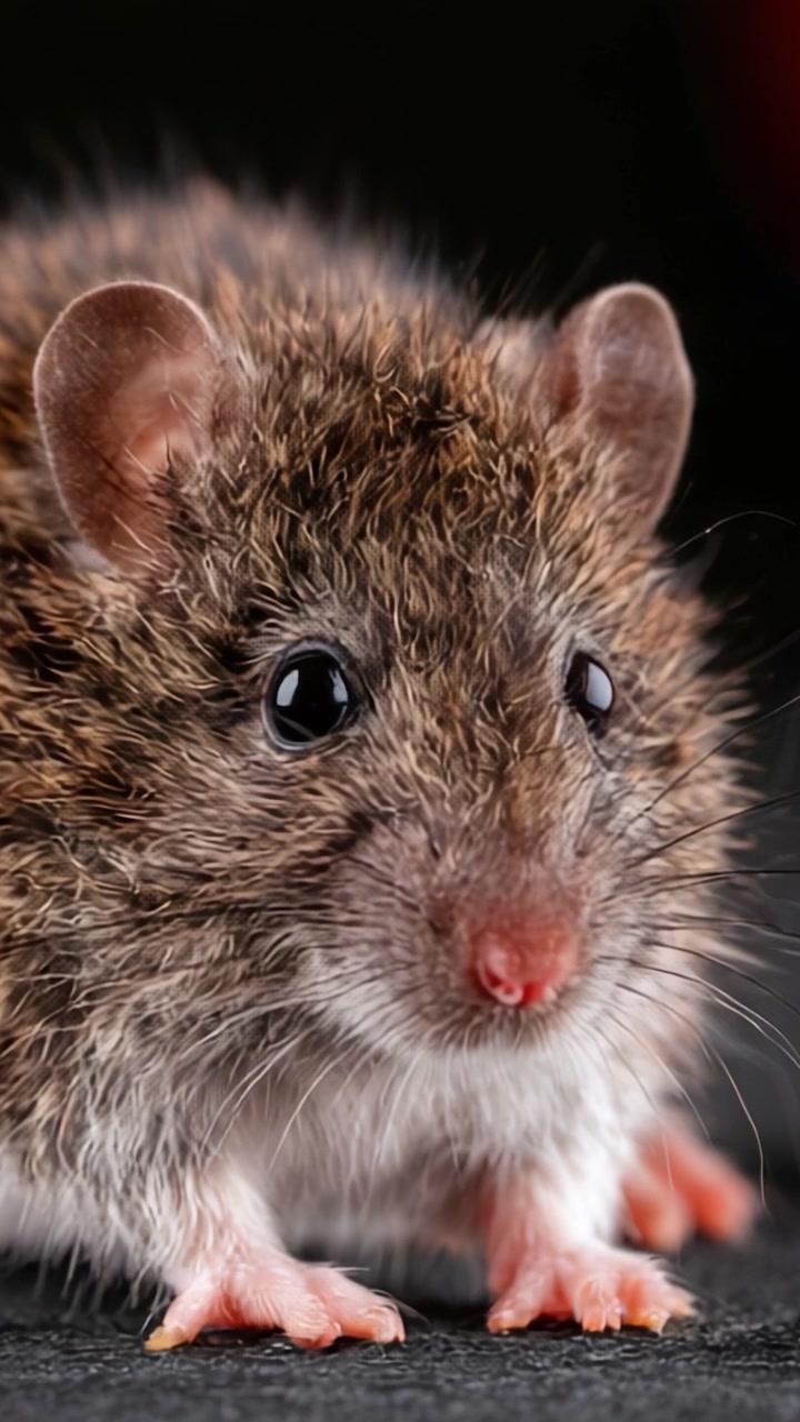 Ritratto ravvicinato di un simpatico topo marrone che evidenzia la sua morbida pelliccia e le sue caratteristiche gradevoli, catturando i dettagli intriganti di questa piccola creatura.