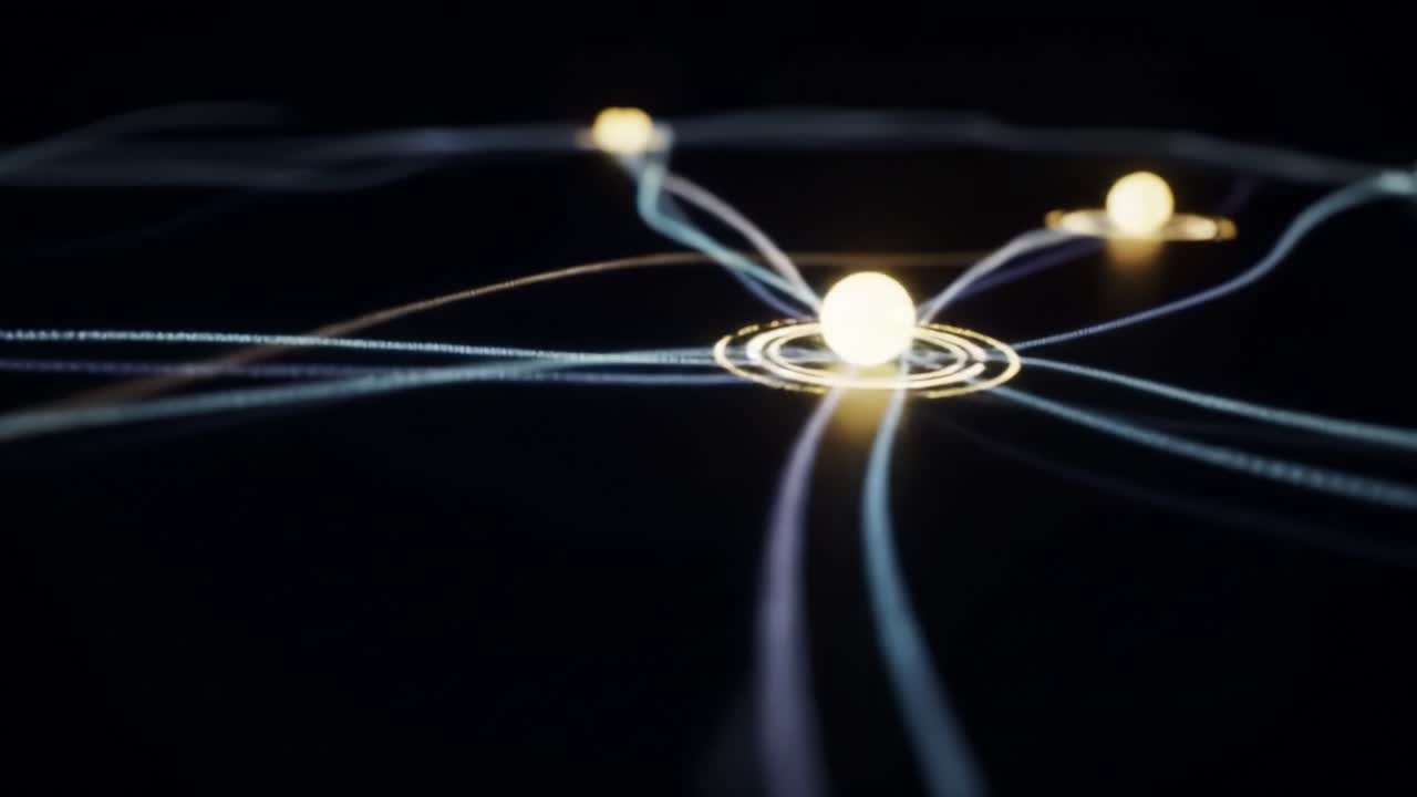 Visualize the intricate relationship between celestial bodies as luminous spheres move along glowing paths. This captivating animation reveals the beauty of cosmic networks and energy flows.