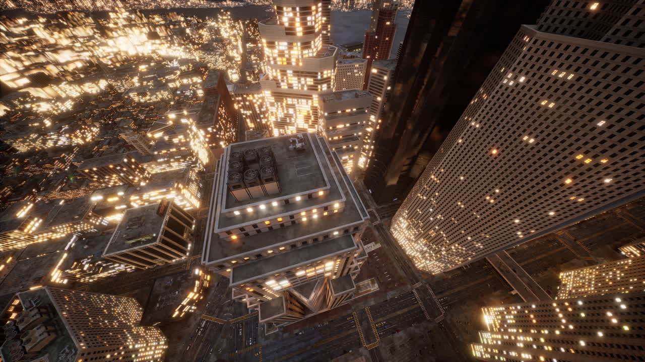 vista aérea de los rascacielos en el centro de la ciudad por la noche