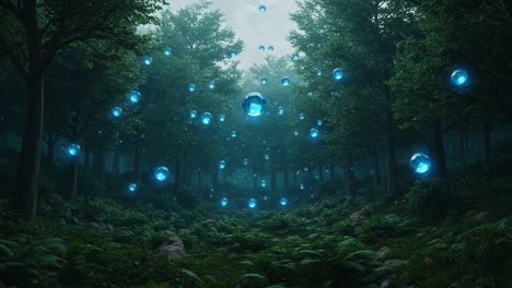 A Serene Enchanted Forest Glimmering with Ethereal Blue Orbs: A Mystical Journey Through Nature&#039;s Luminescence and Tranquility
