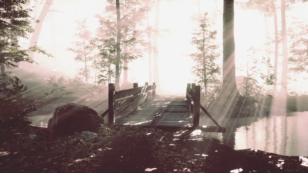 puente de madera suspendido que cruza el río a un bosque misterioso y brumoso