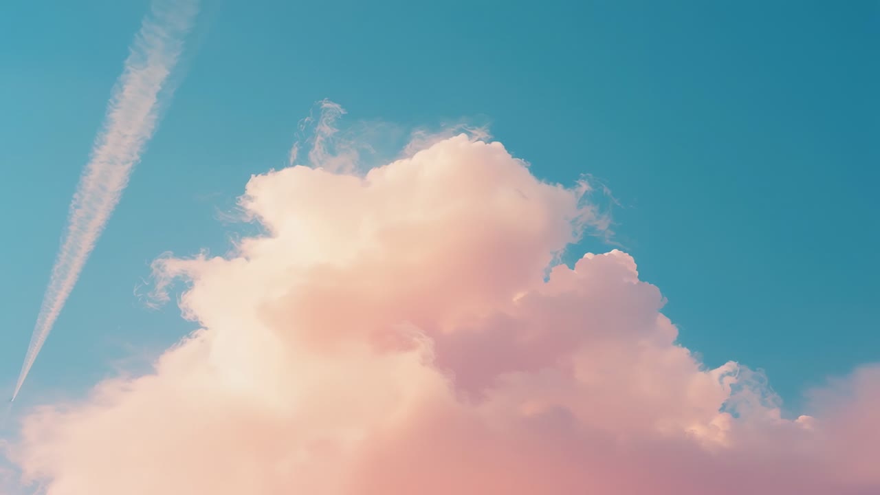 Panning camera showing pink cumulus cloud puffing in blue sky, contrail diffusing left, windy