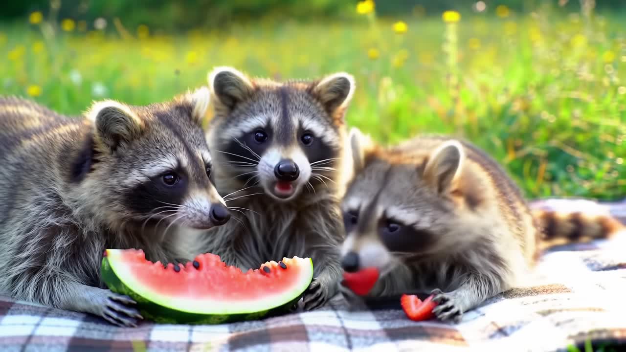 Three Playful Raccoons Enjoying Watermelon on a Sunny Day in a Lush Green Meadow Surrounded by Colorful Flowers and Nature's Beauty