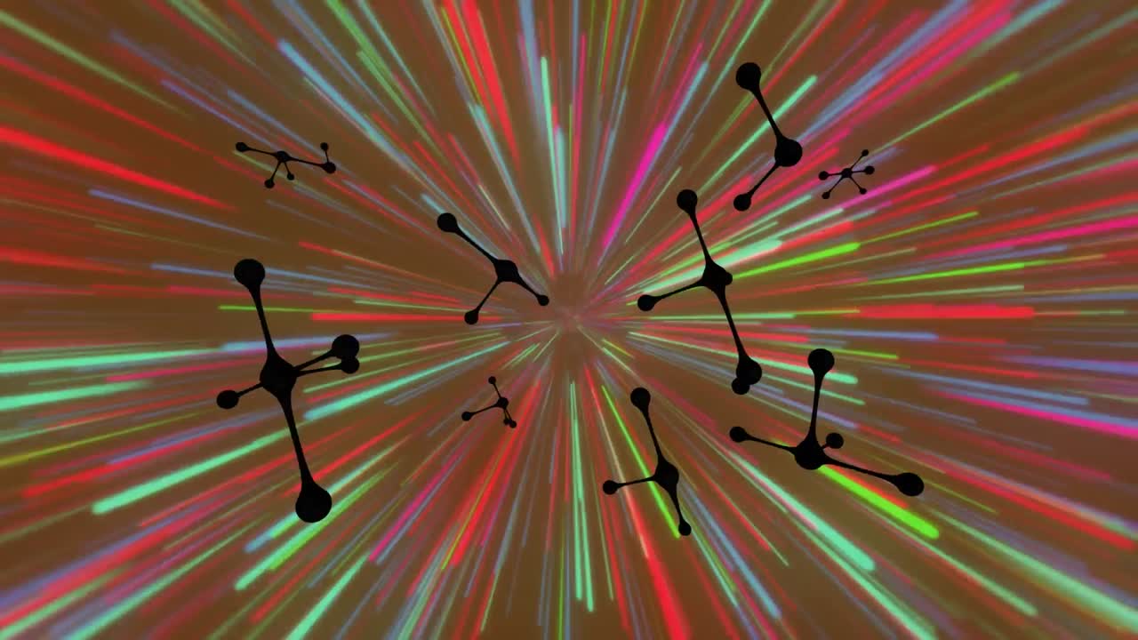 빛의 흔적 배경 위에 검은 분자의 애니메이션