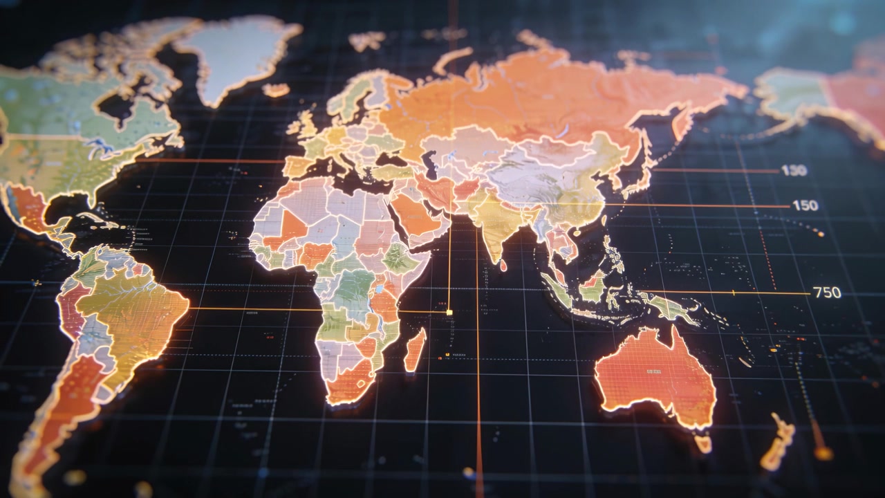 Mostrando una mappa digitale del mondo che si sposta a destra e zooma su un HUD, inquadrando l'Australia con una cornice arancione