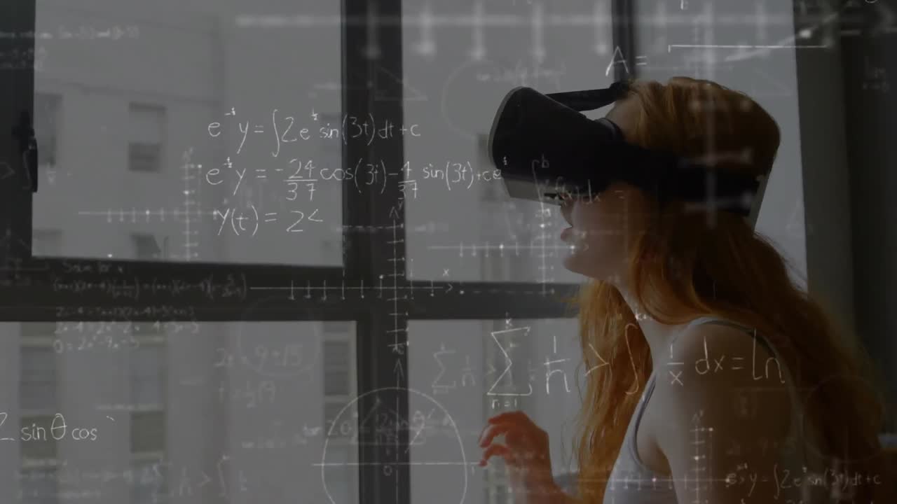 Animation of mathematical drawings and equations over woman wearing vr headset