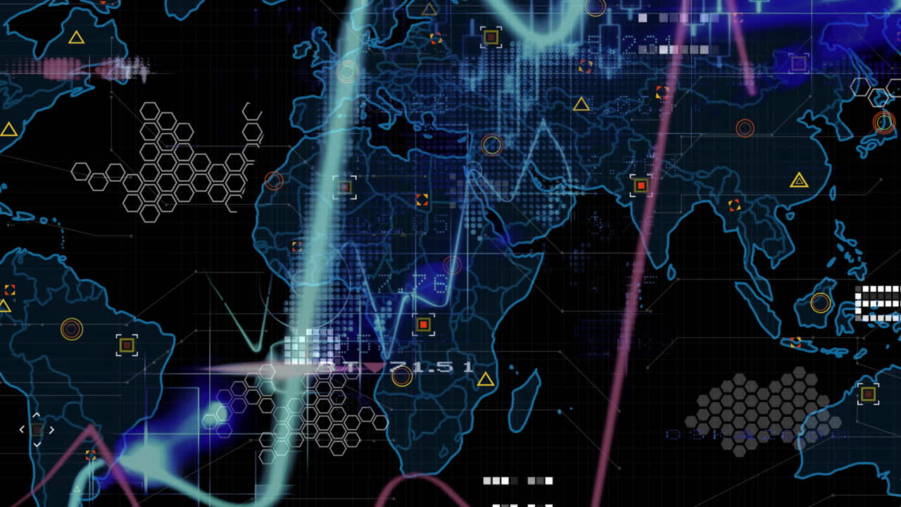 Animation of world map and data processing on black background