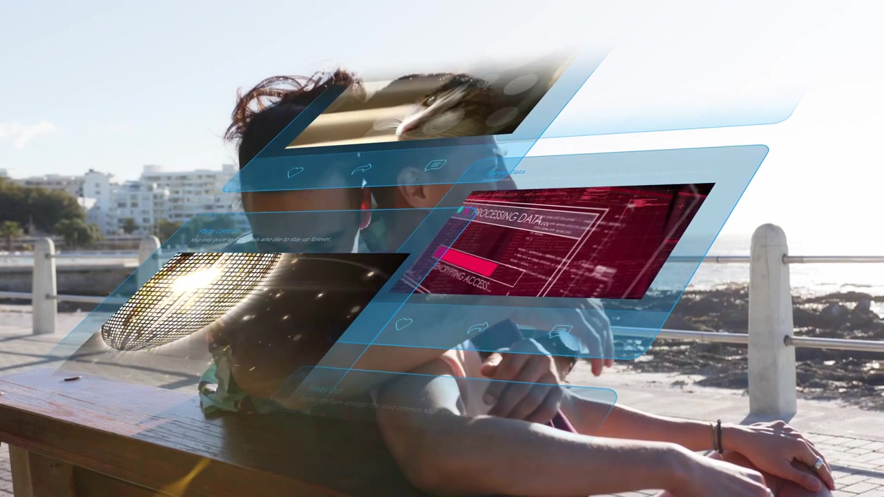 Two men embracing on bench by sea, incoming tech panels sweeping across them, displaying data