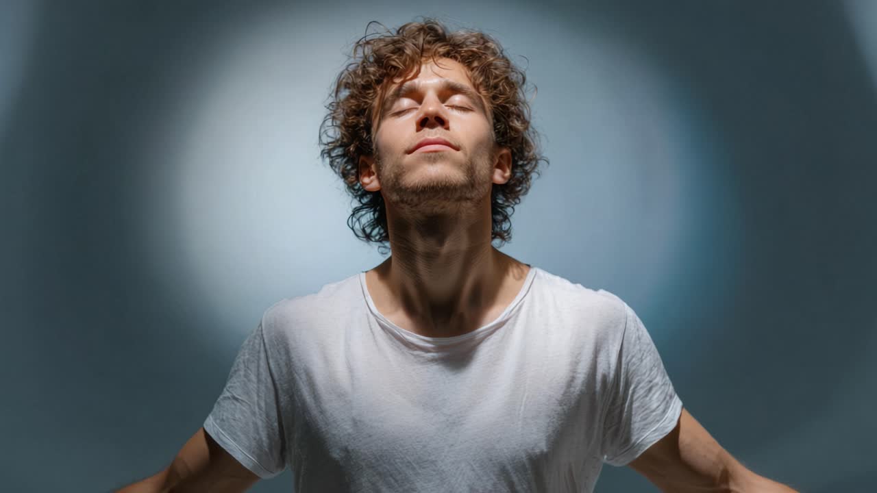 Um jovem pensativo vivenciando um momento de tranquilidade com os olhos fechados e uma expressão serena, iluminado por uma luz suave e cativante.