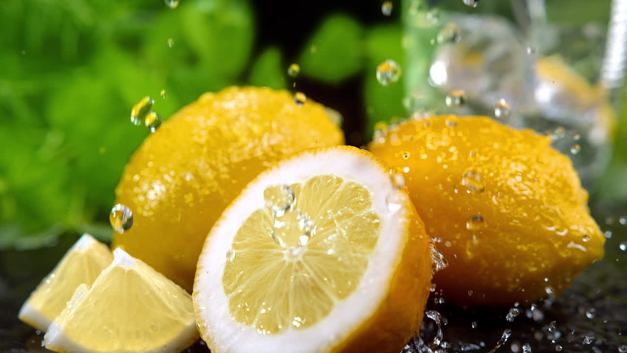 frutas de limón giratorias salpicadas con agua y hielo triturado en fondo amarillo en macro y cámara lenta