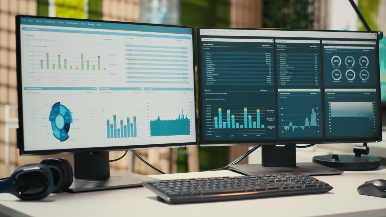 Vertical Video Empty business workplace filled with desks and dual monitors
