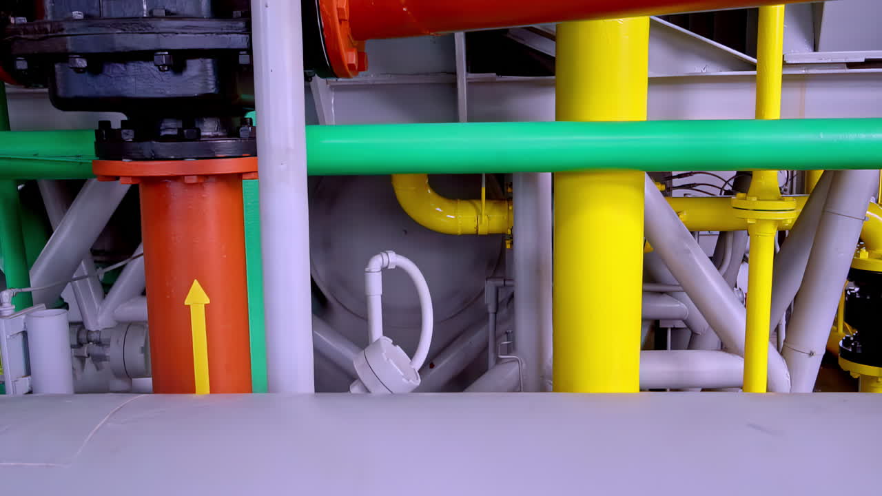 A pull-back reveal shot moves through a maze of colorful pipes and machinery inside an industrial gas pumping station in Latvia