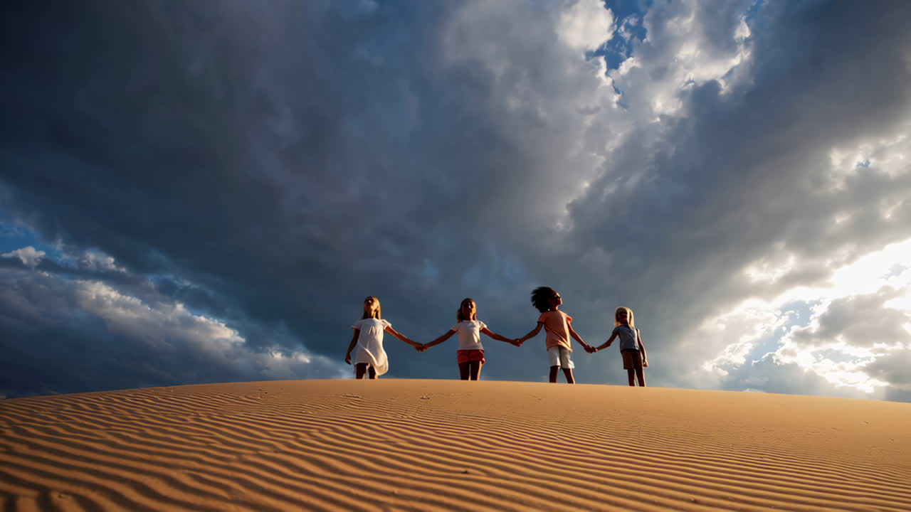 Children Holding Hands on Sand Dune Under Cloudy Sky