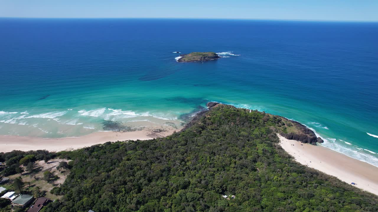 Dense Forest Canopied Fingal Head In Northern Rivers, New South Wales, Australia. Aerial Pullback Shot