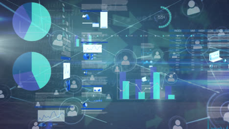 animation of network of connections with people icons over binary coding data processing