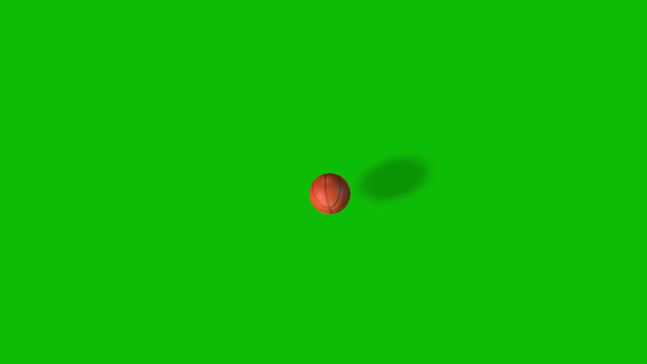 Basketball thrown on green screen, bouncing, rolling, and passing by top view, 3D animation