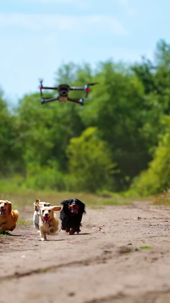 Running dogs and drone. Funny pets run on the road in the countryside. Drone accompanies the domestic pets in a sunny summer day. Vertical video