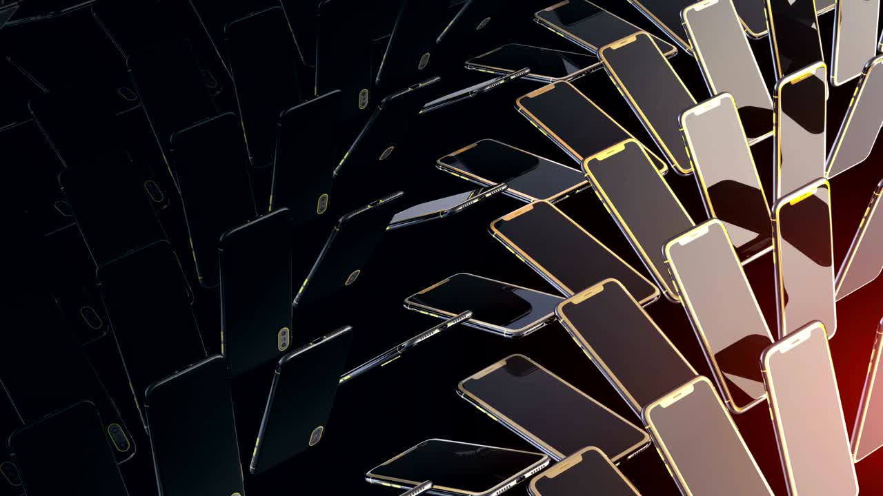 los teléfonos inteligentes con botones dorados se mueven y giran en filas. bucle infinito. movimiento de onda abstracto de teléfonos, fondo para venta descuento. fondo de lujo caro. patrón rojo negro dorado. protector de pantalla.