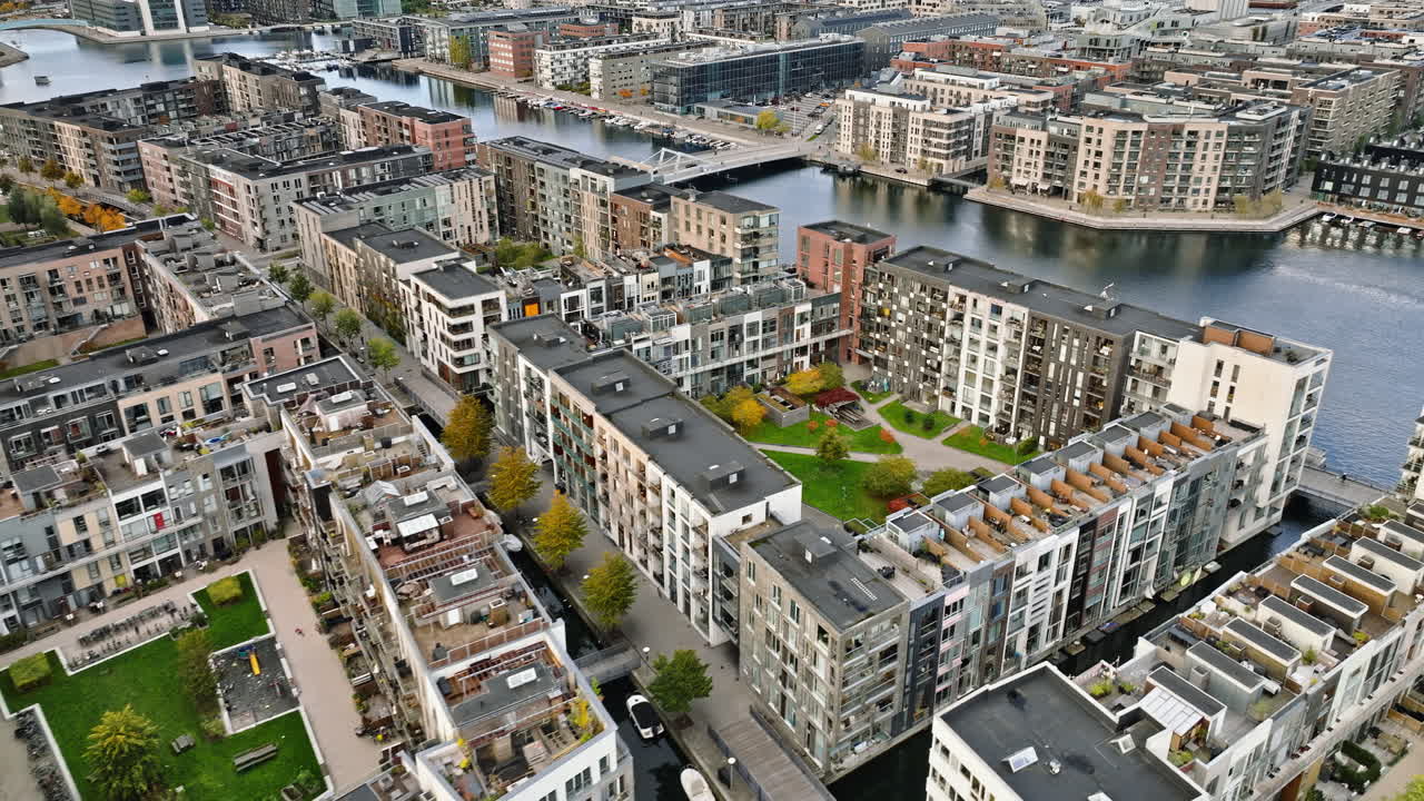 Aerial drone view of the Teglholmen peninsula in the South Harbour of Copenhagen, Denmark