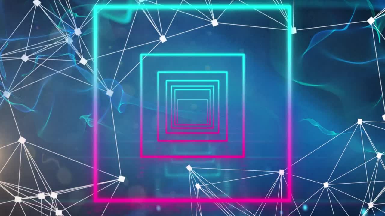 animación de la red de conexiones y ondas digitales sobre formas cuadradas en un patrón sin costuras