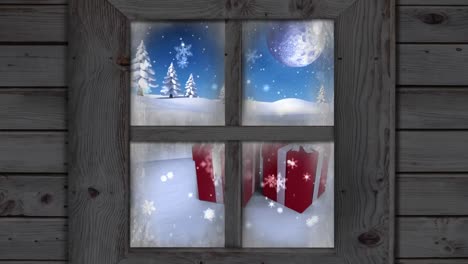 Animation-of-window-view-of-gifts-and-winter-landscape