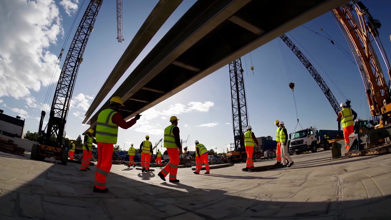 Construction Workers Guiding a Large Beam Lifted by Cranes