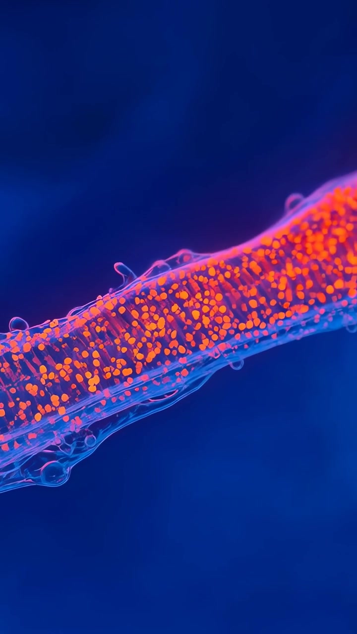 Video vertical: Platina móvil moviendo una fibra transparente bajo el microscopio para estudio con puntos naranjas.