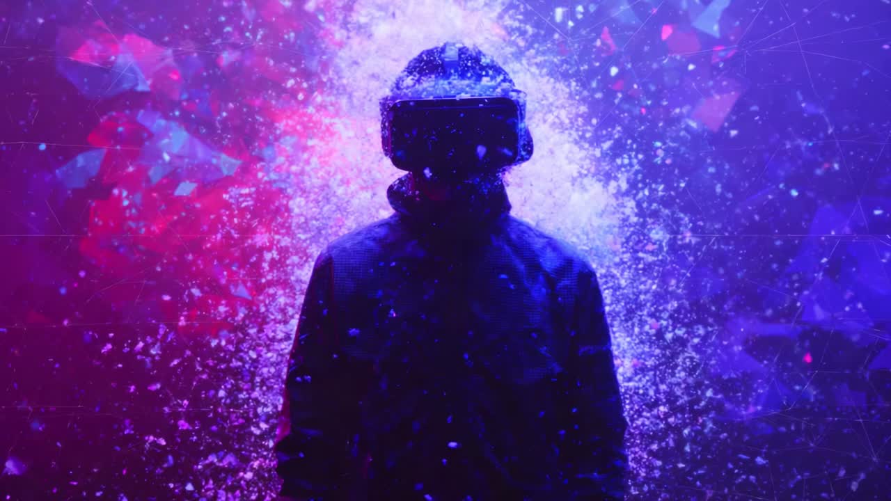 En medrivende digital oplevelse fanget gennem levende farver og en mystisk figur med et VR-headset, omgivet af en fascinerende eksplosion af partikler og lyseffekter.