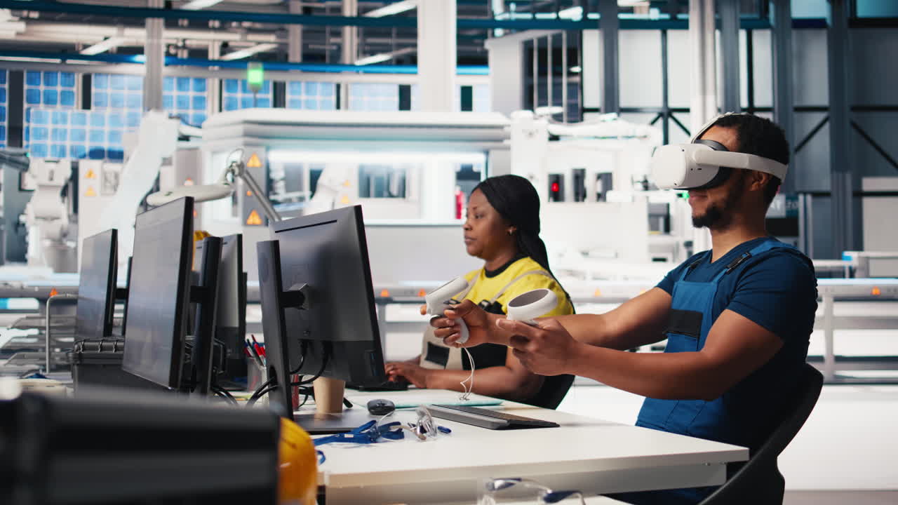 Vertical Video Photovoltaics factory engineer designing on PC CAD software with VR headset