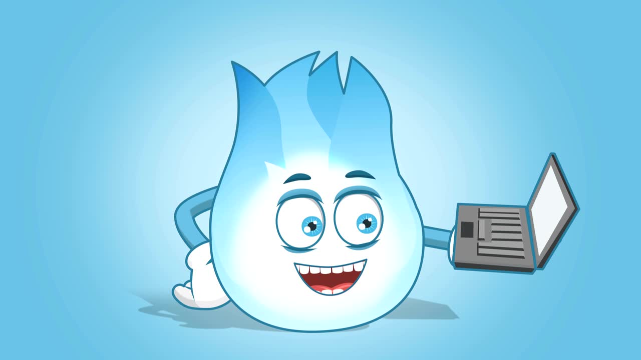laptop de llama de gas de dibujos animados en la mano con animación facial alfa mate