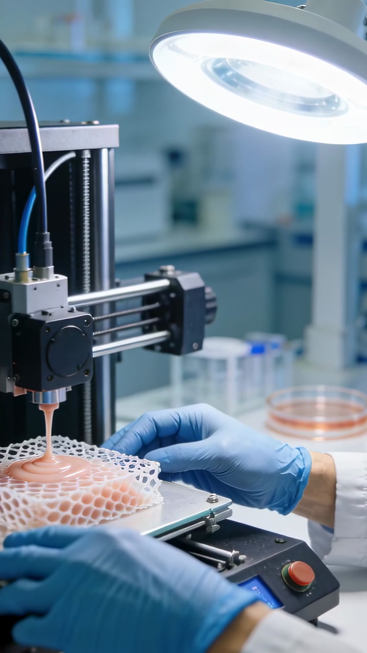 Vertical video: Nozzle dropping gloves holding lattice as laying pink gel on lab bench making dome