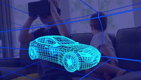 Animation-of-3d-technical-drawing-of-car,-over-boy-at-home-wearing-vr-headset