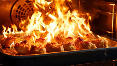 a pan of food that is sitting in an oven with flames