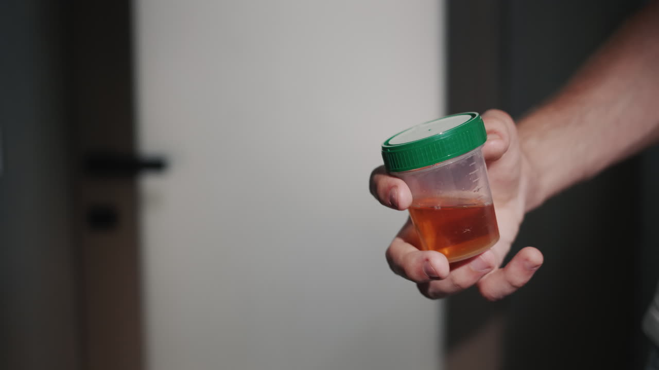 Un uomo sta alla porta del bagno con un contenitore per le analisi delle urine. Concetto di problemi di salute e urologia.