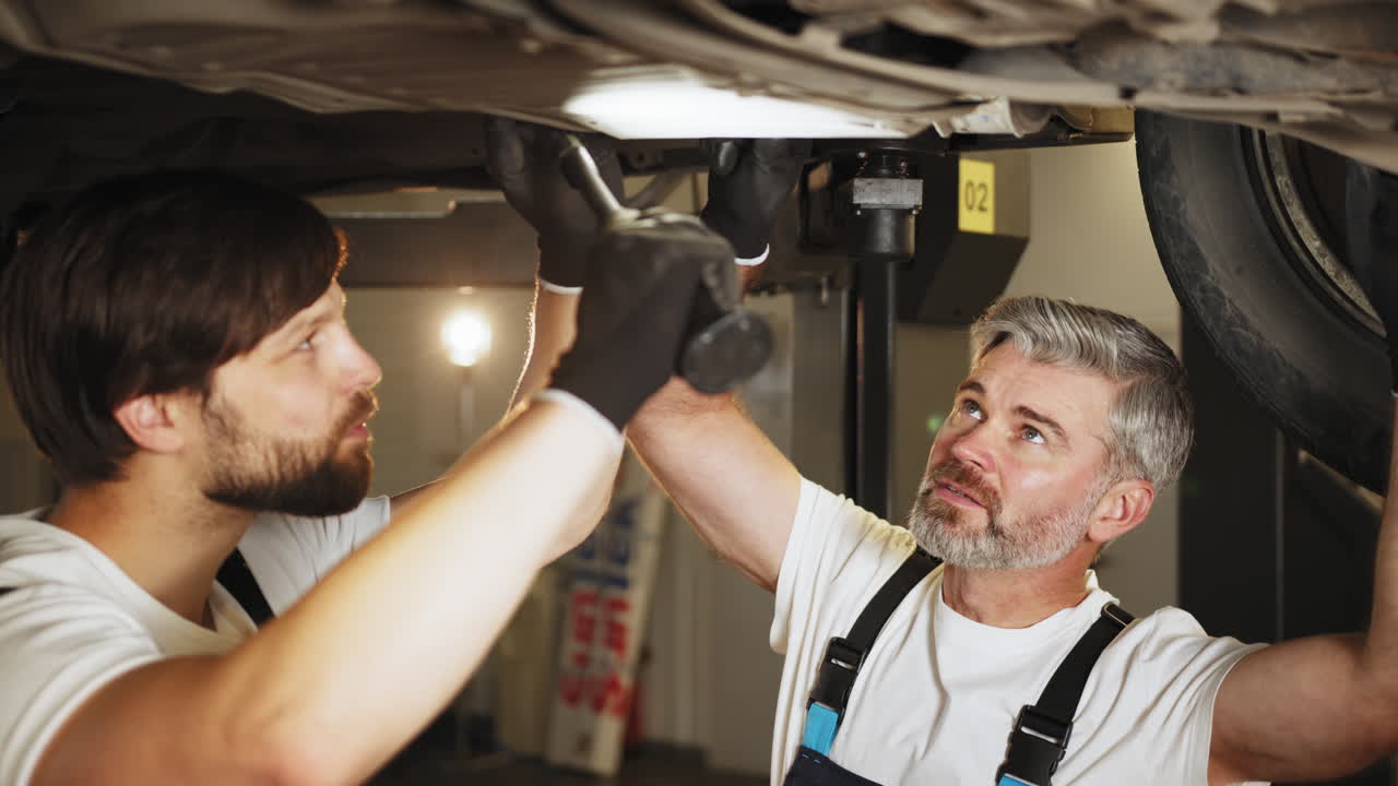 equipo de mecánicos de automóviles inspeccionando el tren de aterrizaje