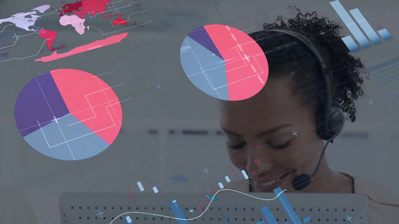 Call-center agent monitoring live data while animated charts overlaying face, analyzing KPIs